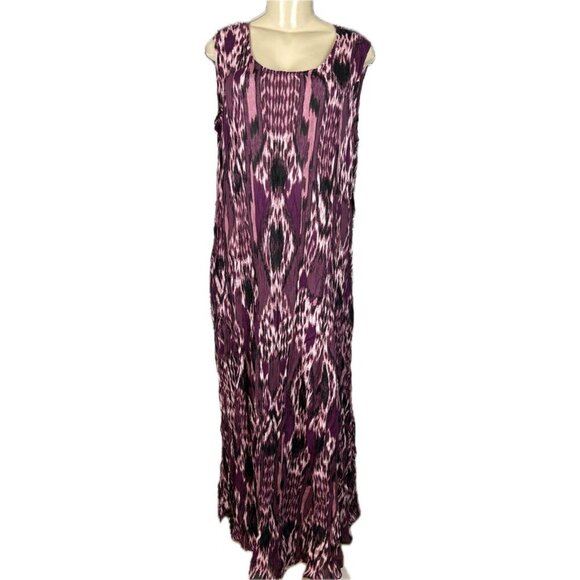 Denim 24/7 1X Purple Animal Print Rayon Crinkle Scoop Neck Sleeveless Maxi Dress - Picture 2 of 6